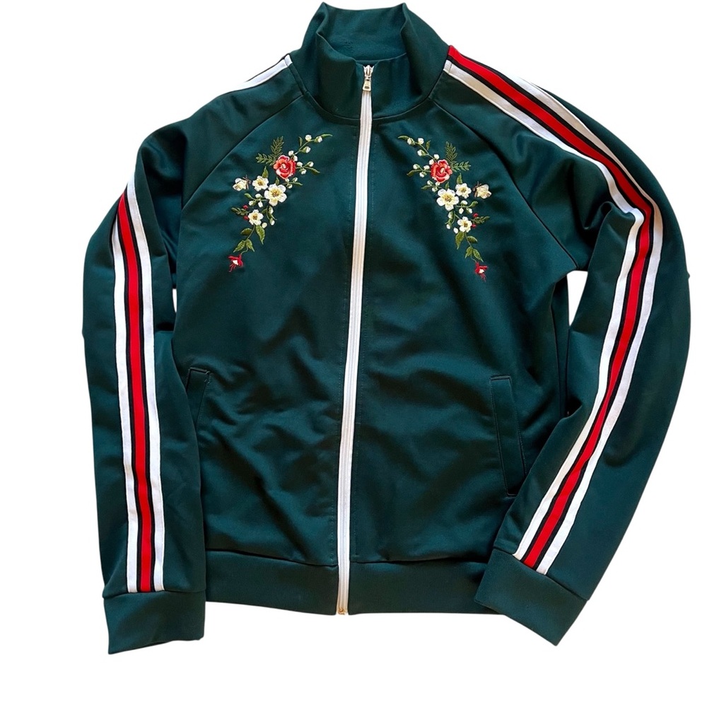 Forest Green Southpole Sakura Track Jacket with floral embroidery and stripes